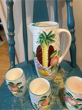 Hand-Painted Fruit Ceramic Pitcher and Cups - White with Multicolor Fruit Motif